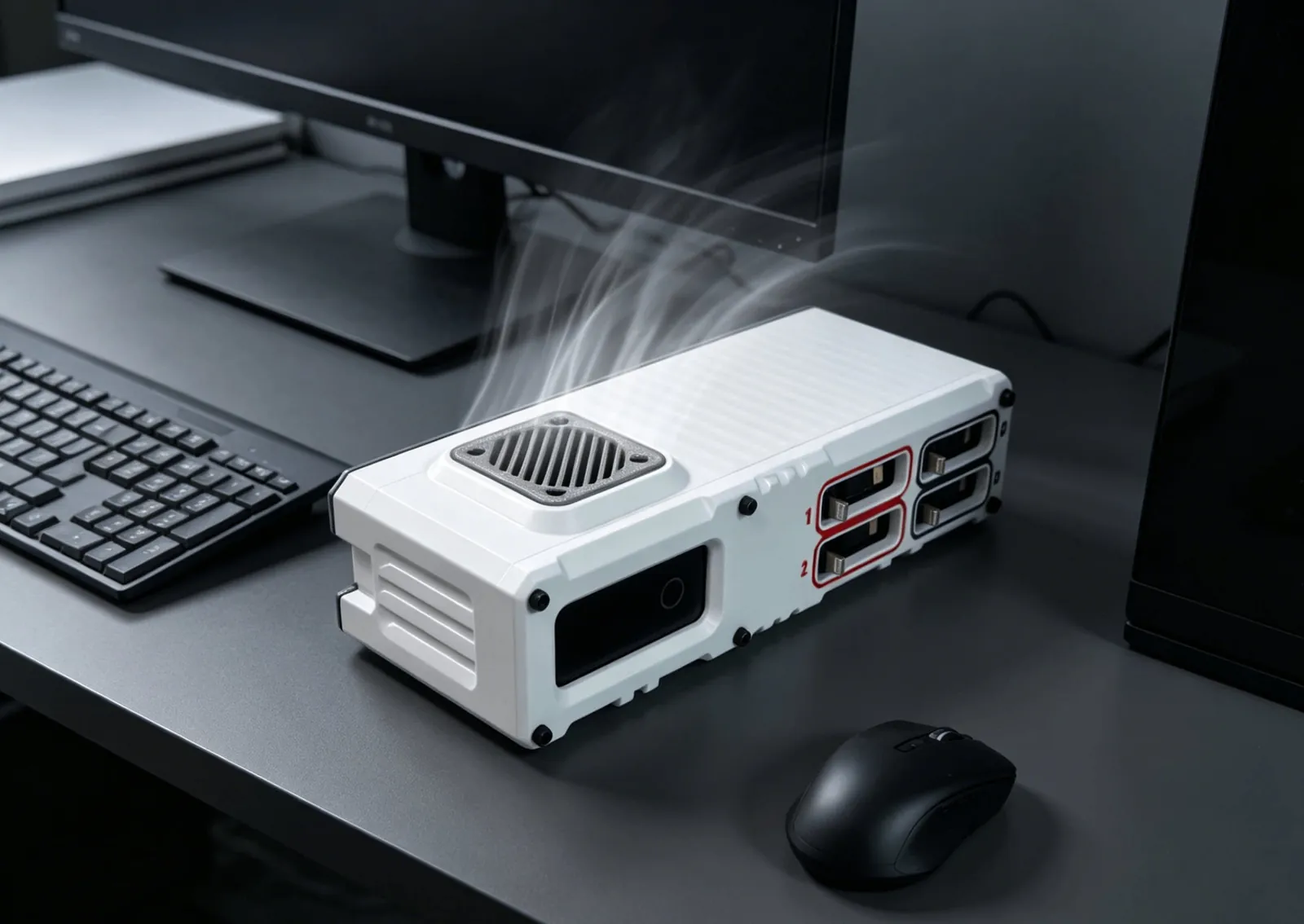 A140 Dock in Arctic on a desk with warm air venting from the top grille