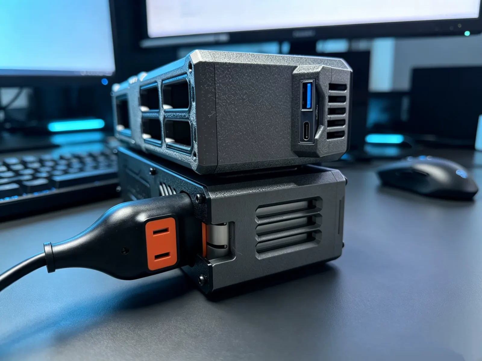 Two Thermal Dock U160 cooling docks stacked on a dark desk, a cable plugged into the side port